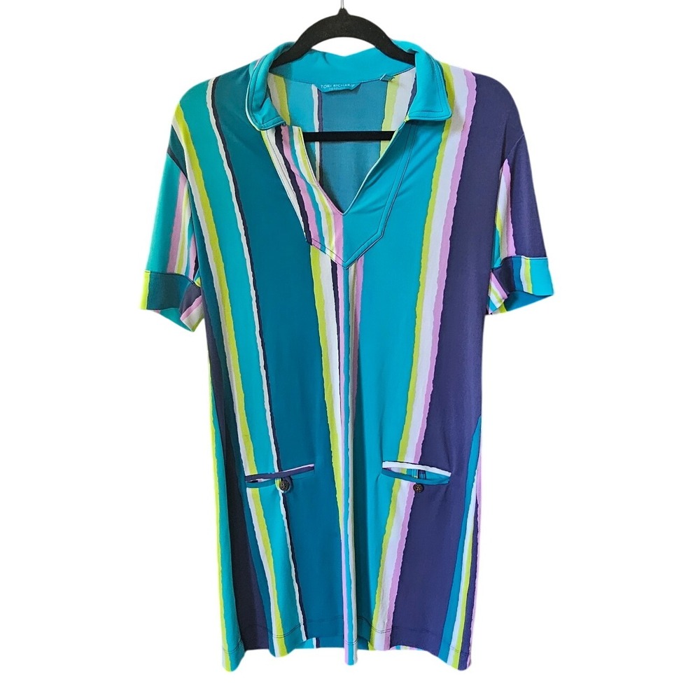 Tori‎ Richard Honolulu Women's Short Sleeve Striped Pocket Dress Retro Mod S